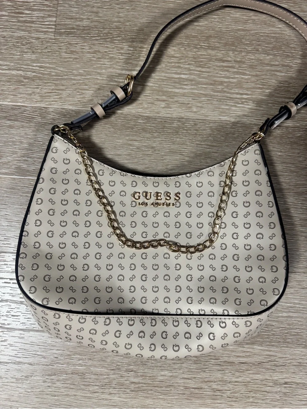 GUESS Cream Logo Hobo with Gold Chain Accent